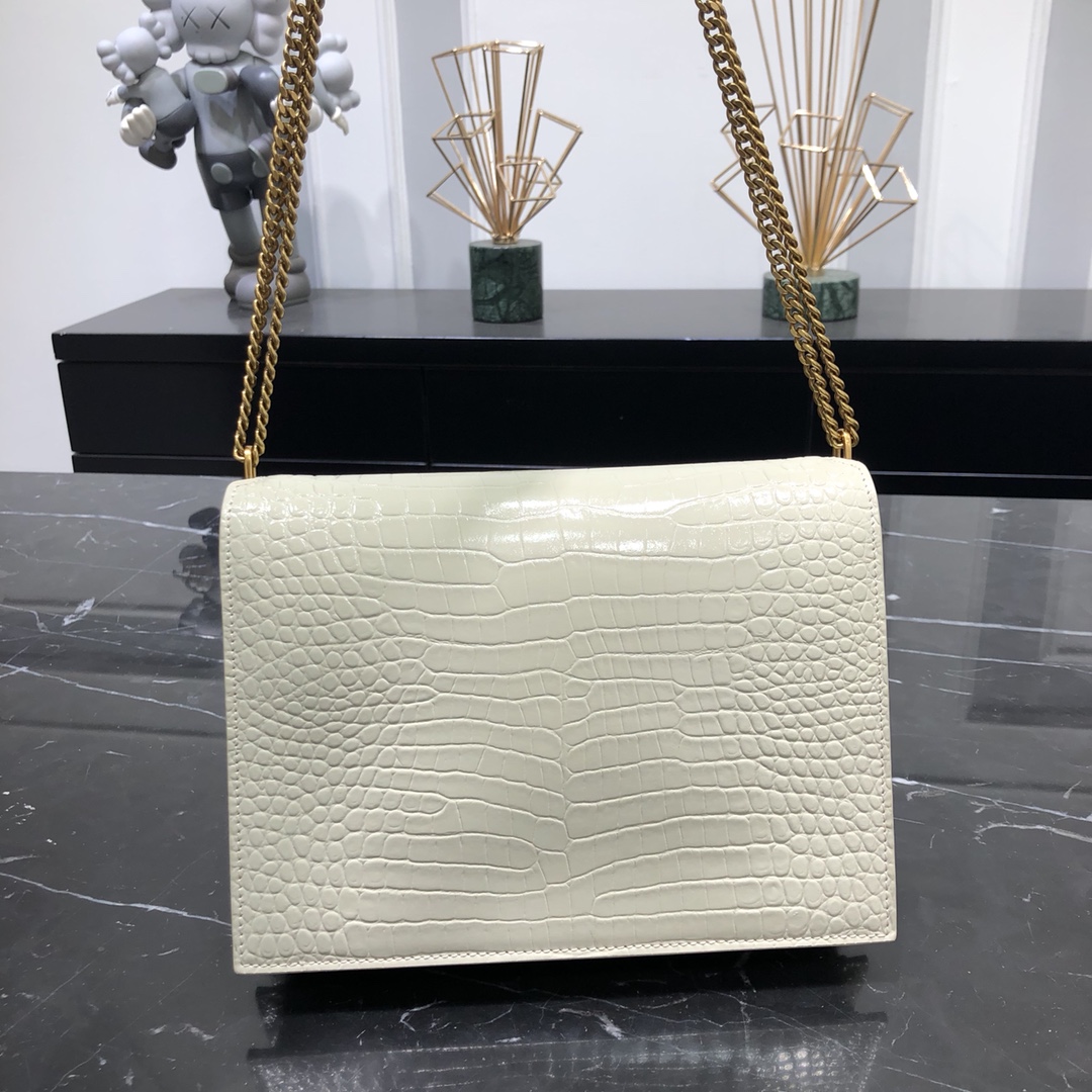 Saint Laurent Cassandera Medium Crocodile Embossed Bright Calfskin Shoulder Bag White 532750